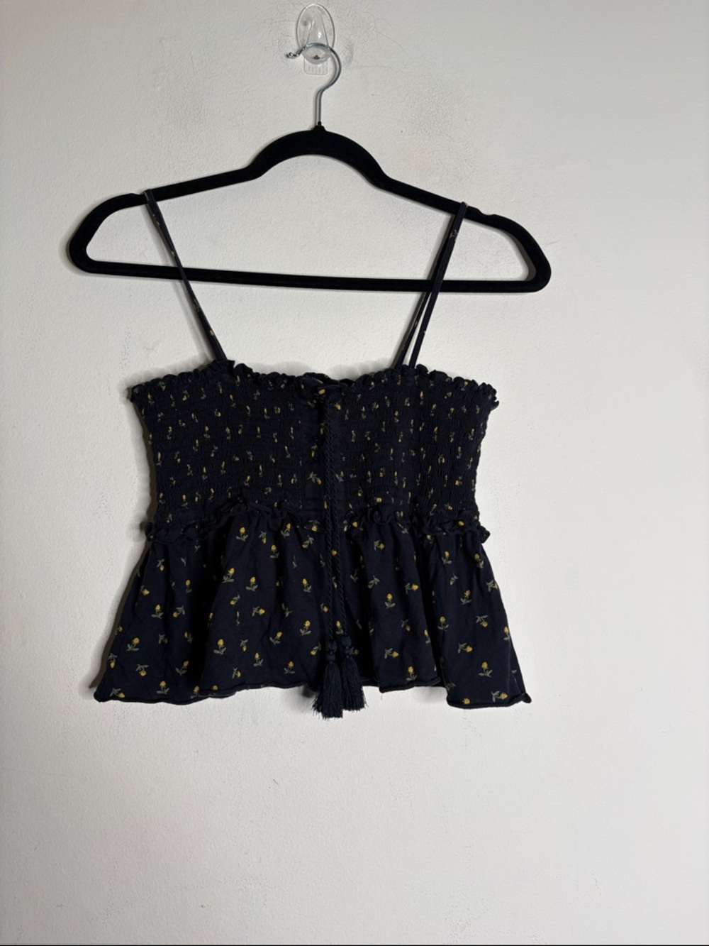 American Eagle Outfitters Black Smocked Cami with Yellow Floral Print